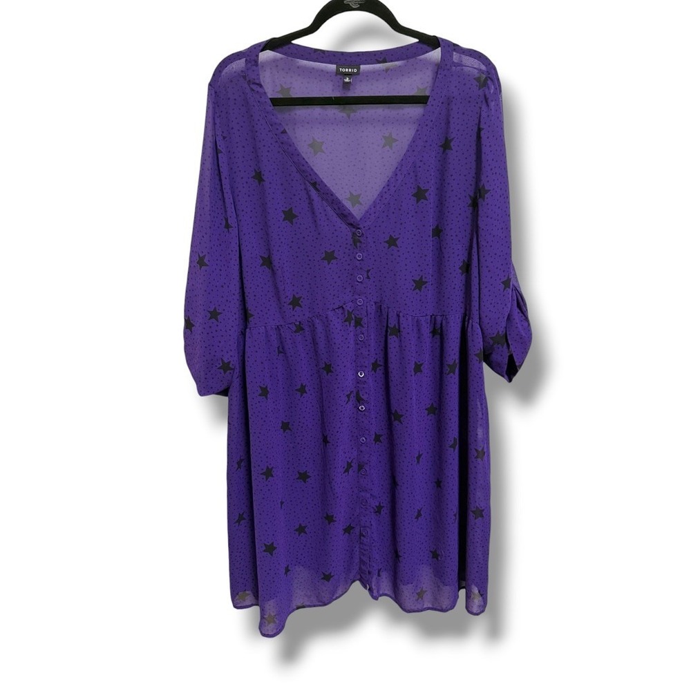 Torrid Purple Star Print Chiffon Shirt Dress Starry Night Celestial 3 3X 22 24 - Picture 4 of 10